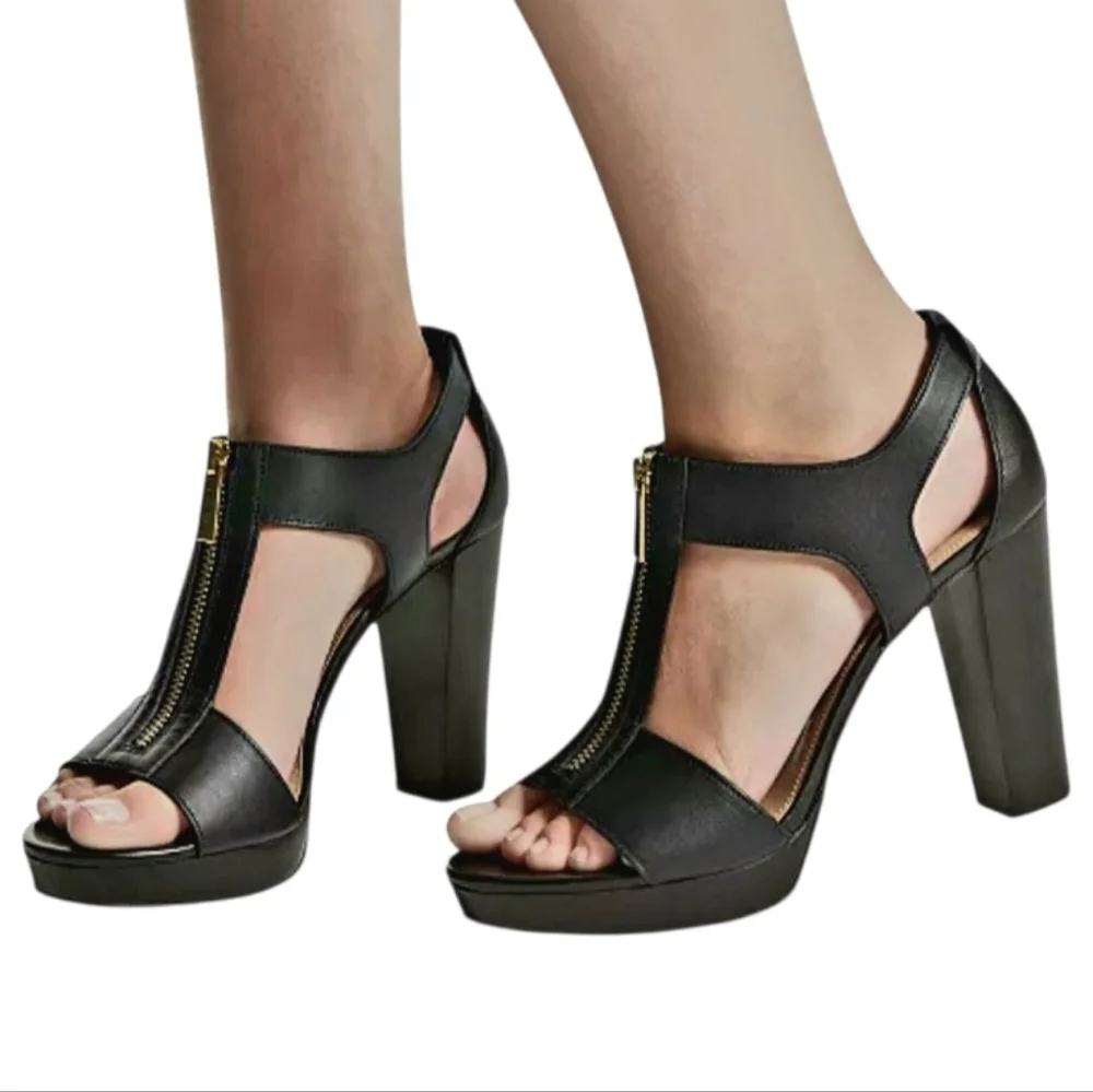 Michael Kors Berkley Lock Black Leather Platform Sandal Heels with Box - Picture 4 of 15